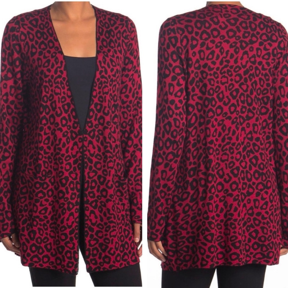 JOSEPH A Double Knit Open Front Cardigan Red Modern Leopard NEW Size M